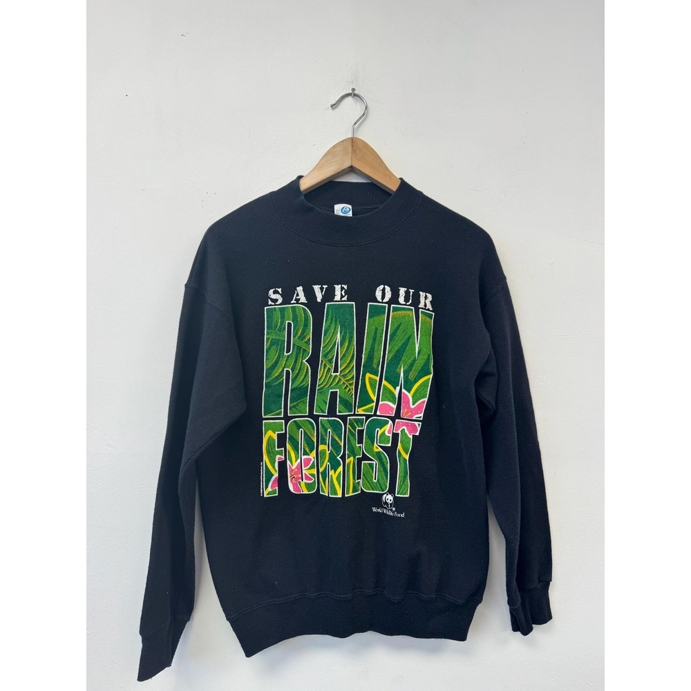 Vintage Save Our Rain Forest Sweatshirt Mens Small Black WWF Artex 80s‎